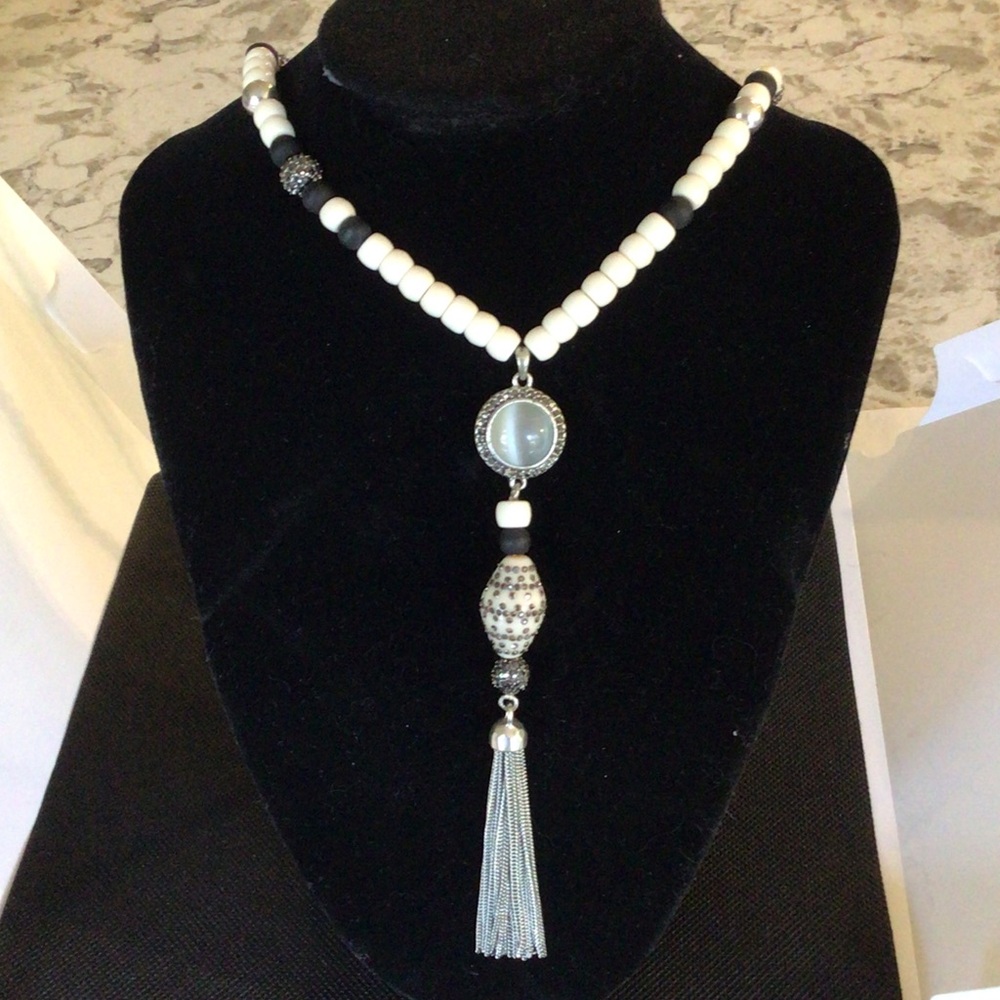 Lucky Brand Black and White Beaded Necklace with Tassel